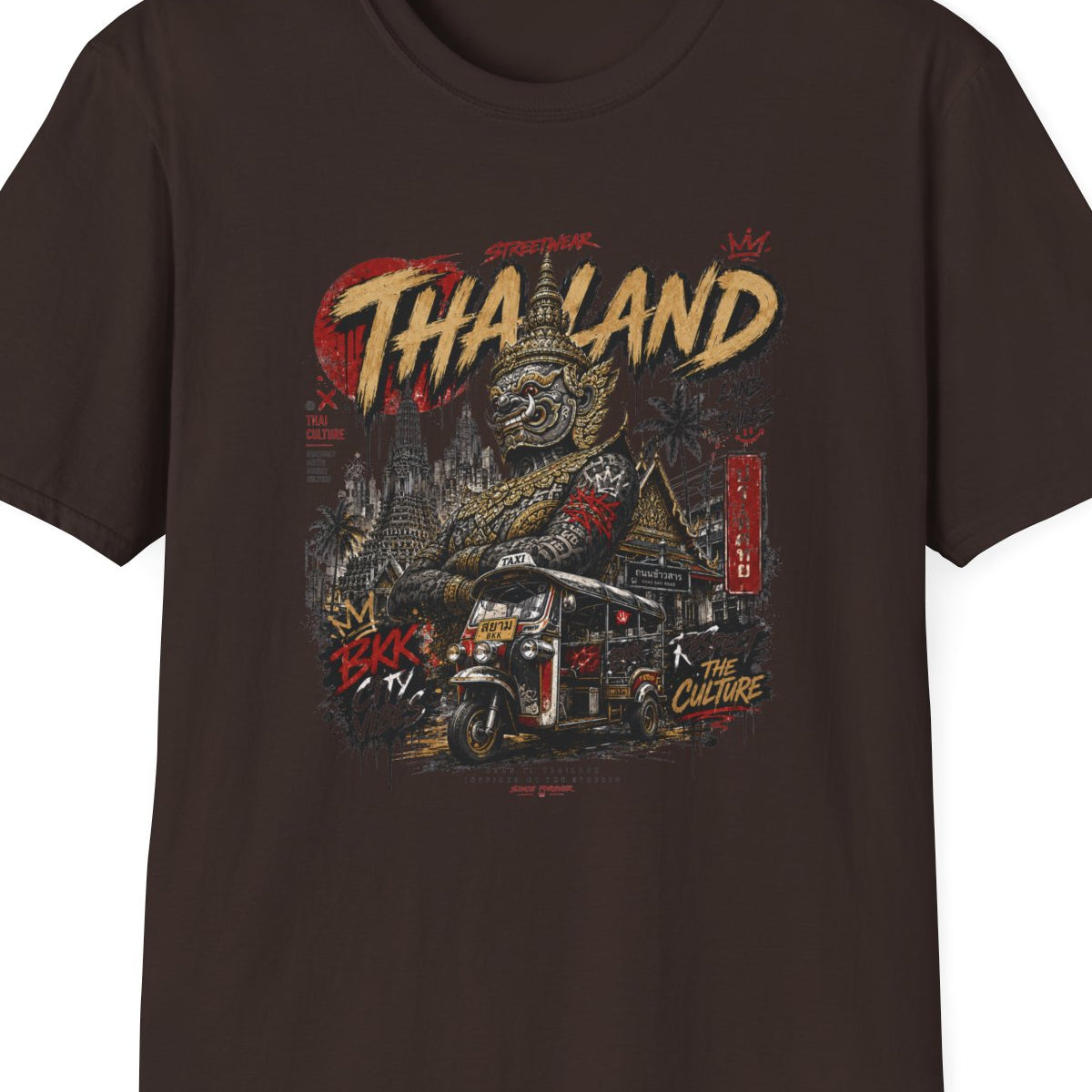 Bangkok Guardian T-Shirt dark chocolate Thailand Streetwear Graphic Tee Vorderansicht – Design Nahaufnahme