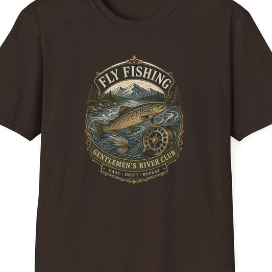 Fliegenfischen T-Shirt braun — Fliegenfischer Geschenk Forelle Vintage Design Vorderansicht – Design Nahaufnahme