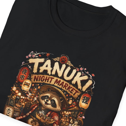 Navy Tanuki Night Market T-Shirt – Design Nahaufnahme