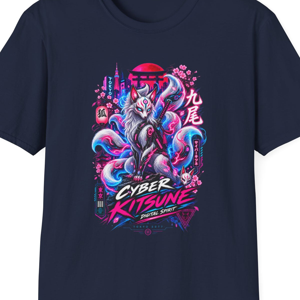 Sakura Kitsune T-Shirt Navy — Cyberpunk Fox Streetwear Vorderansicht – Design Nahaufnahme