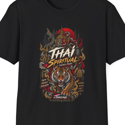 Thai Spiritual T-Shirt schwarz - Guardian Tiger Streetwear Geschenk – Design Nahaufnahme