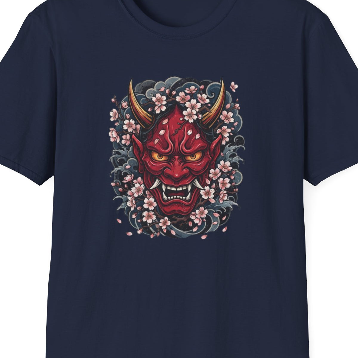 Hannya Maske T-Shirt navy — Japanese Streetwear Dämon Vorderansicht – Design Nahaufnahme