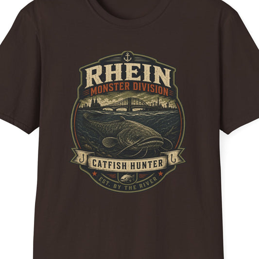 Rhein Monster Division T-Shirt braun Catfish Hunter Shirt – Design Nahaufnahme