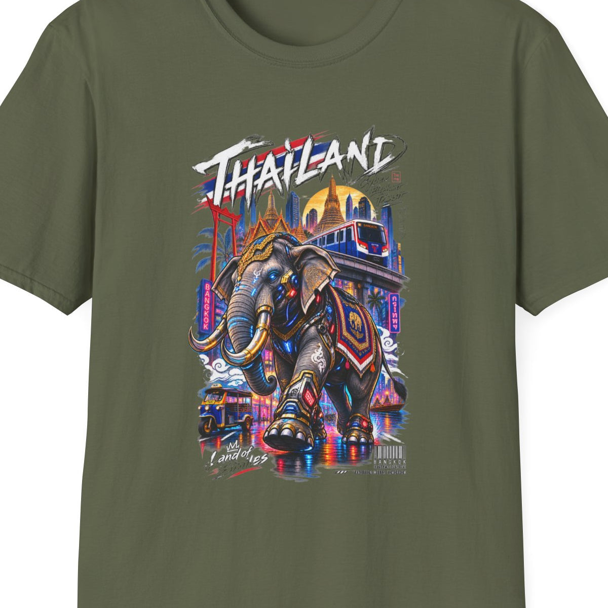 Military Green Bangkok Neon Elefant T-Shirt – Design Nahaufnahme