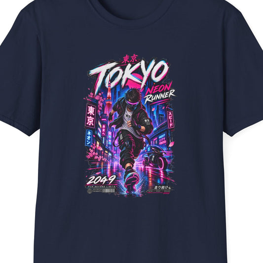 Navy Tokyo Neon Runner T-Shirt – Design Nahaufnahme