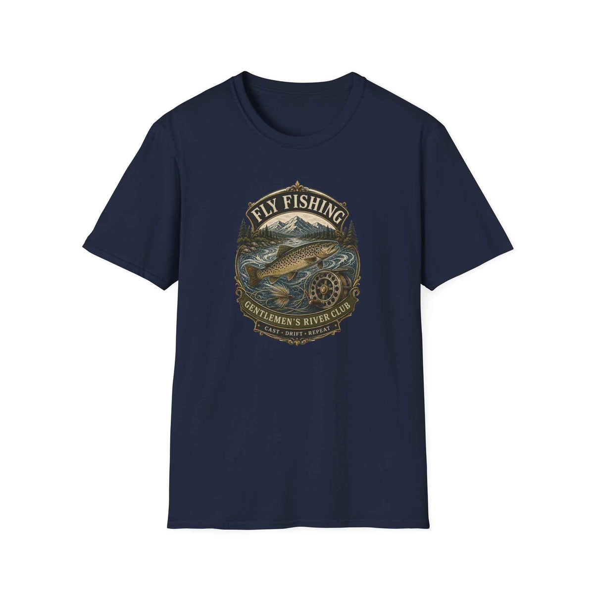 Fliegenfischen T-Shirt Navy blau — Fly Fishing Vatertagsgeschenk Vorderansicht