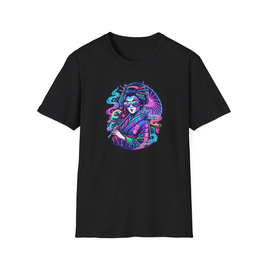 Neon Geisha T-Shirt Design Detail - Cyberpunk Japanese Streetwear Artwork