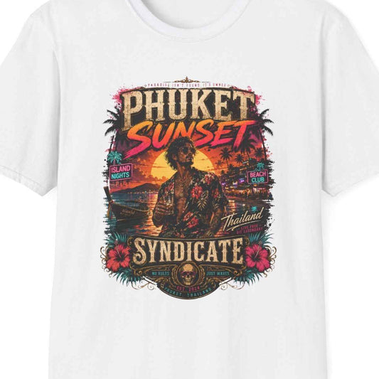 Phuket Sunset Syndicate T-Shirt weiß Thailand Beach Club Nightlife Streetwear Graphic Tee – Design Nahaufnahme