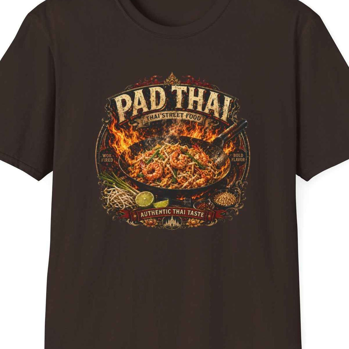 Pad Thai T-Shirt — Wok Fired Thai Street Food, Scharfe Asian Streetwear Herren Damen – Design Nahaufnahme