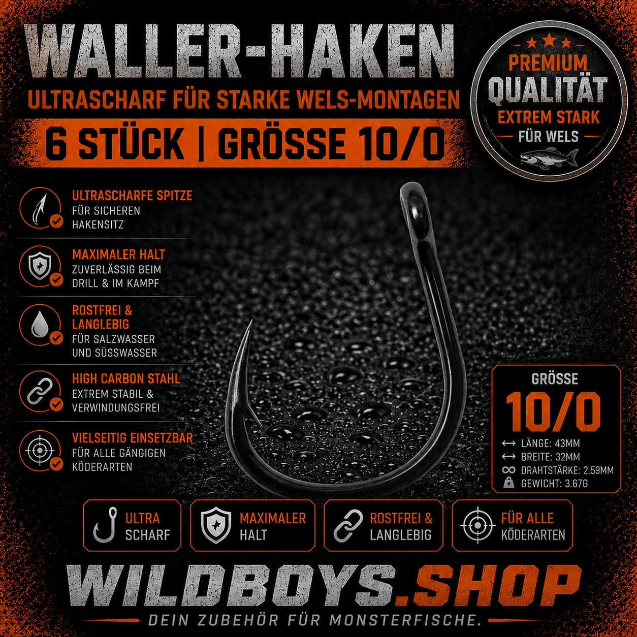 Waller Haken 10/0 Premium Welshaken Einzelhaken High Carbon Wild Boys Fishing