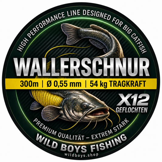 Wild Boys Mega X12 Wallerschnur 0,55 mm 300 m – 12-fach geflochten Gelb 54 kg – Spule Frontansicht