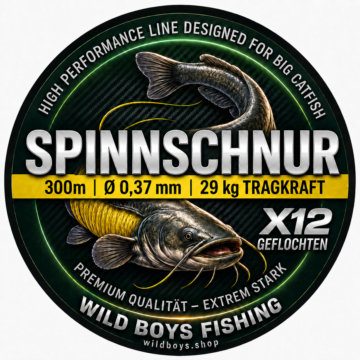 Wild Boys Mega X12 Spinnschnur Wels 0,37 mm 300 m — 12-fach geflochten Gelb | 29 kg