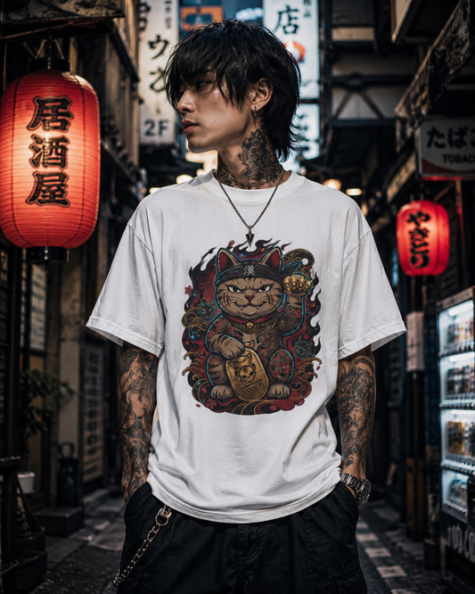 Gangster Cat T-Shirt – Japanese Streetwear Maneki Neko Herren Damen