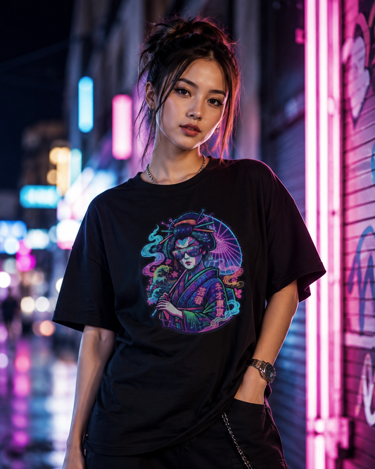 Neon Geisha T-Shirt – Cyberpunk Japanese Streetwear Herren Damen