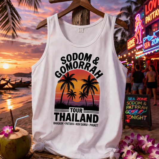 Sodom & Gomorrah Tank Top – Thailand Party – Tank Top Designdetail Nahaufnahme