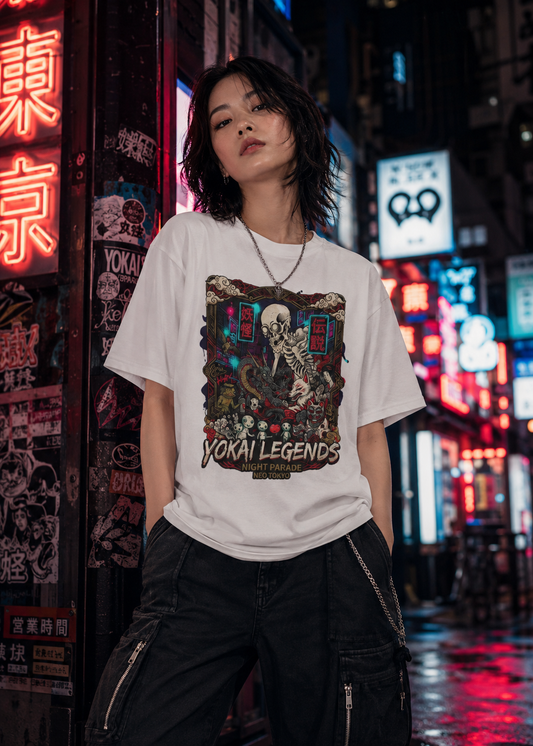 Night Parade Yokai T-Shirt – Japanese Streetwear Skelett Motiv Herren Damen