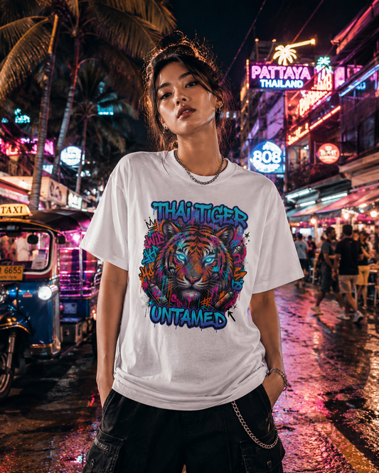 Thai Tiger Untamed T-Shirt — Neon Streetwear Tiger Herren Damen