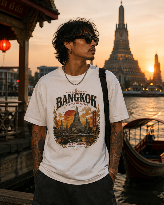 Wat Arun Tempel T-Shirt – Bangkok Thailand Vintage Streetwear mit Retro-Poster-Print