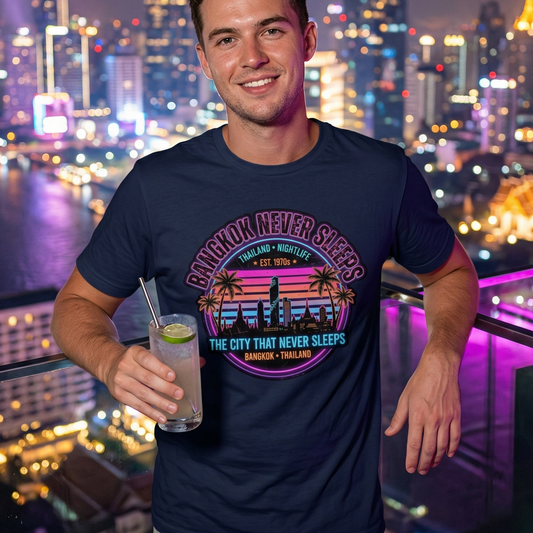 Bangkok Never Sleeps T-Shirt — Thailand Nightlife Vintage Graphic Tee | Reise Geschenk – T-Shirt Designdetail Nahaufnahme