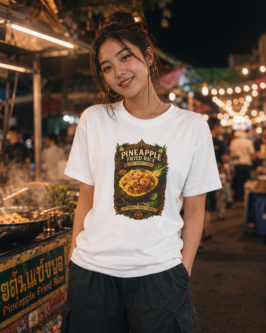Pineapple Fried Rice T-Shirt am Model — Thai Street Food Nachtmarkt Szene