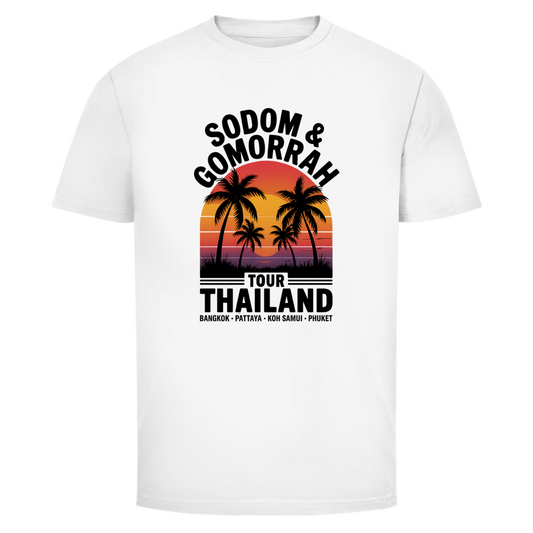 Weißes Herren T-Shirt mit Sodom & Gomorrah Thailand Tour Design, Retro Sonnenuntergang mit Palmen, Bangkok Pattaya Koh Samui Phuket Print, Streetwear Urlaubsshirt