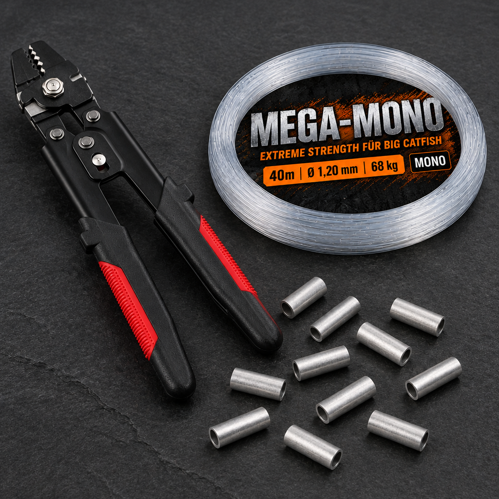 Waller Crimp Set: Klemmhülsenzange, Wild Boys Mega-Mono Vorfach und Einzel-Klemmhülsen