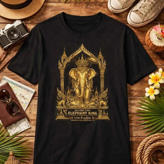 Thai Elephant T-Shirt — Golden Temple Thailand Graphic Tee | Elefant Geschenk – T-Shirt Designdetail Nahaufnahme
