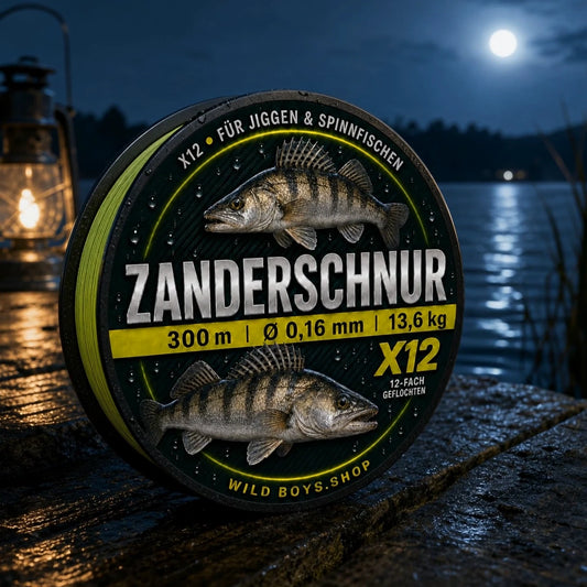 Zanderschnur X12 gelb 12-fach geflochten Spule am Steg