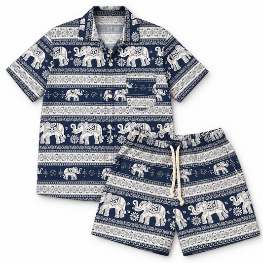 Thai Elephant Herren-Set Navy/Creme: Hemd und Shorts auf weißem Hintergrund