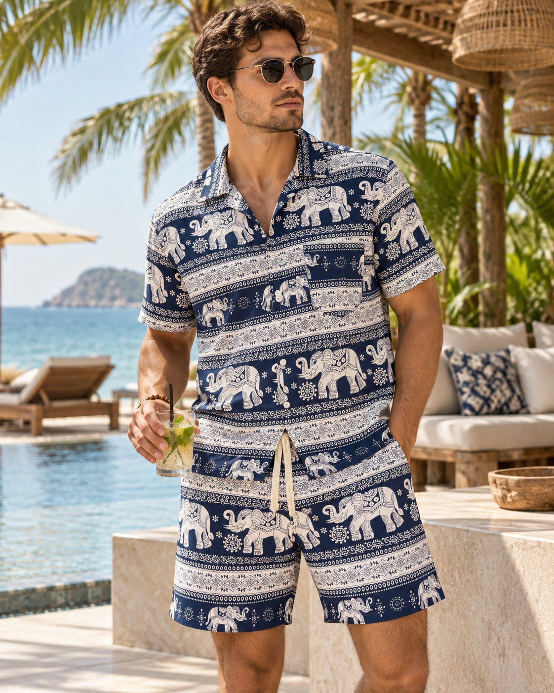 Thai Elephant Herren-Set Navy/Creme am männlichen Model am Resortpool