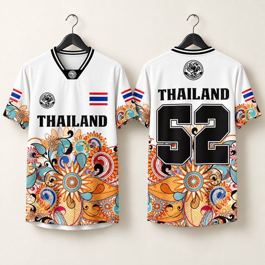 Illustratives Studio-Mockup des weißen Thailand Trikots Nr. 52, Vorder- und Rückseite