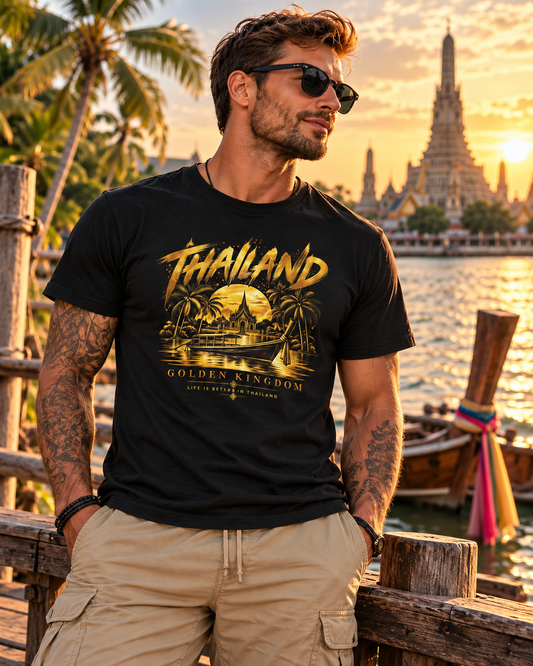 Thailand Longtail-Boot T-Shirt — Golden Kingdom Gold Print Thai Streetwear Herren Damen