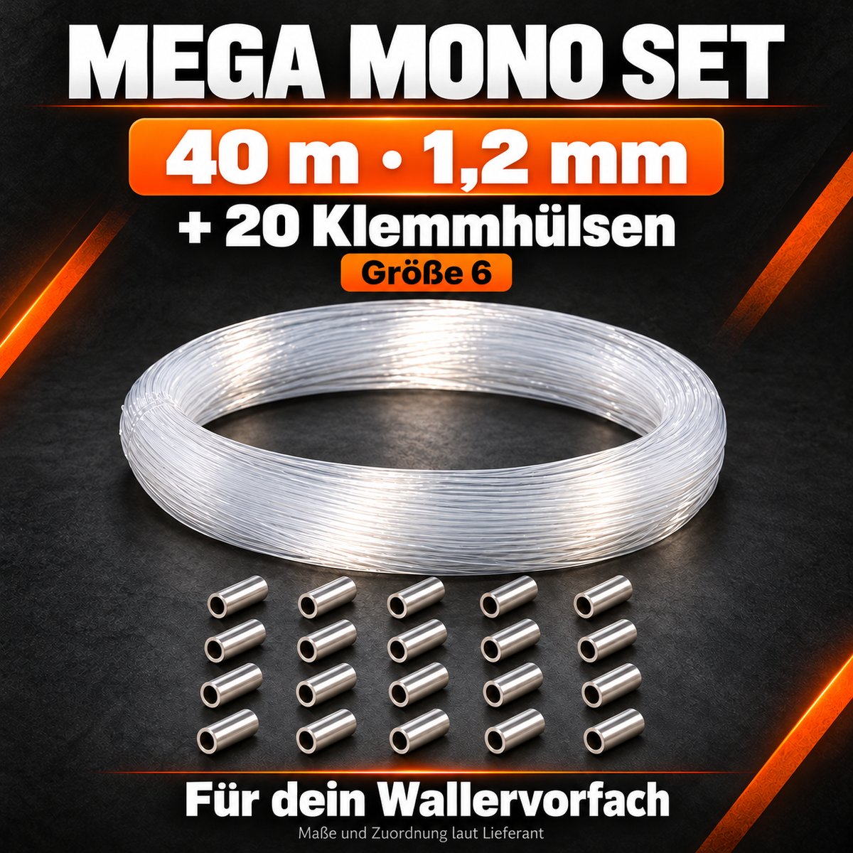 Lieferumfang des 1,2-mm-Sets: 40 m Wild Boys Mega Mono und 20 passende Klemmhülsen Größe 6