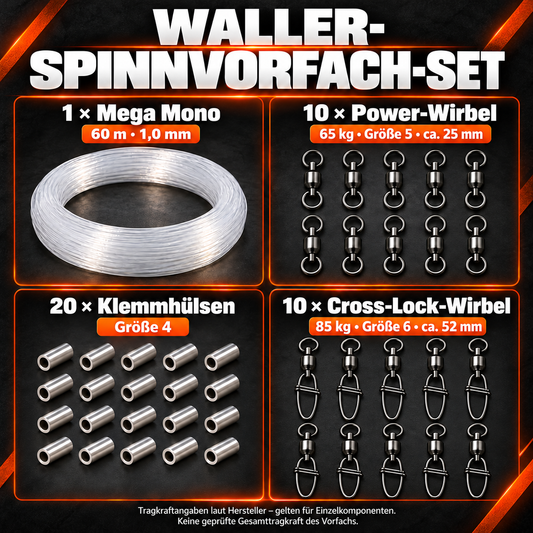 Lieferumfang: 60 m Mega Mono 1,0 mm, 20 Klemmhülsen Größe 4, 10 Powerwirbel 65 kg und 10 Cross-Lock-Powerwirbel 85 kg