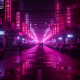 Stimmungsvolle Neon-Nachtgasse mit pinken und blauen Lichtern und Reflektionen – Nachtleben in Bangkok