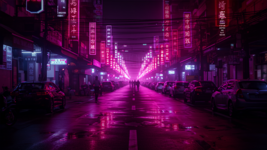 Stimmungsvolle Neon-Nachtgasse mit pinken und blauen Lichtern und Reflektionen – Nachtleben in Bangkok