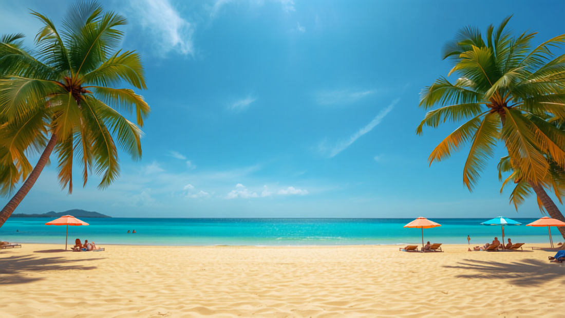 Sonniger Familienstrand in Thailand mit Palmen, türkisem Meer und bunten Sonnenschirmen – Pattaya mit Kindern