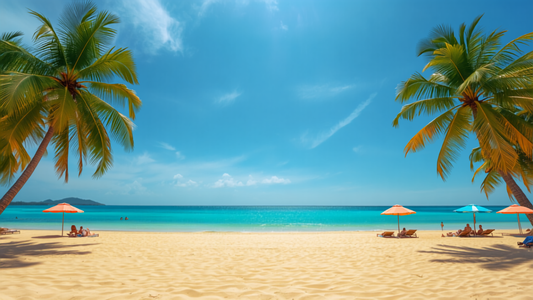 Sonniger Familienstrand in Thailand mit Palmen, türkisem Meer und bunten Sonnenschirmen – Pattaya mit Kindern
