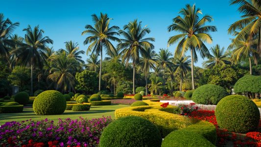 Nong Nooch Tropical Garden bei Pattaya – kunstvoll angelegter Barockgarten mit Palmen und Blumenbeeten