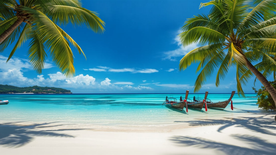 Koh Larn Coral Island bei Pattaya – türkisblaues Wasser, weißer Sandstrand, Longtail-Boote und Palmen