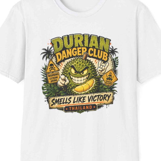 White Durian Danger Club T-Shirt – Design Nahaufnahme