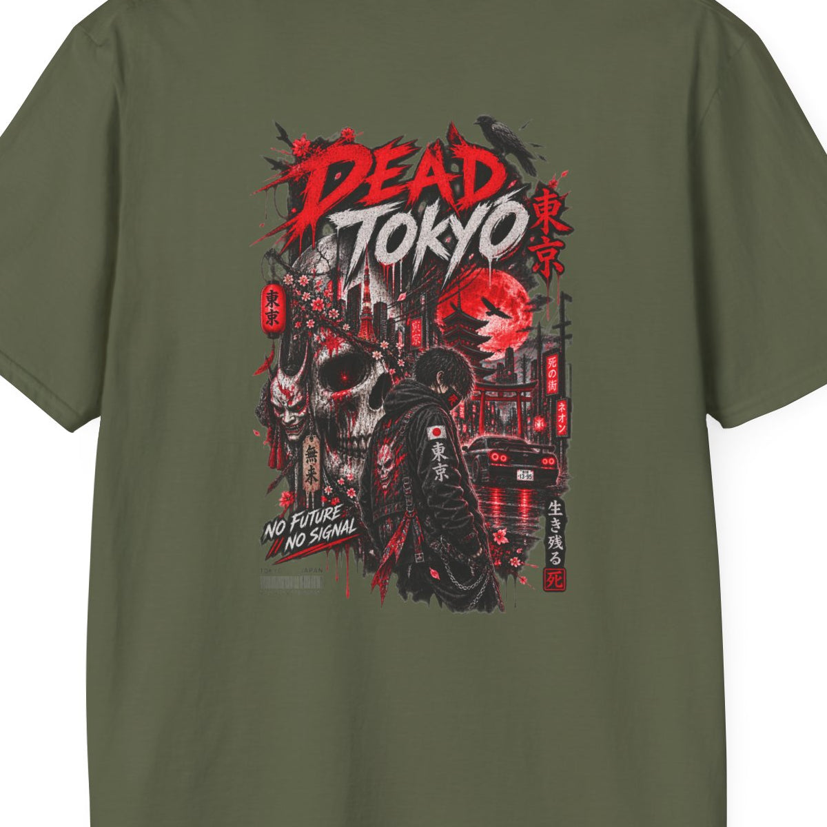 Dead Tokyo T-Shirt military green — Totenkopf Streetwear Vorderansicht – Design Nahaufnahme