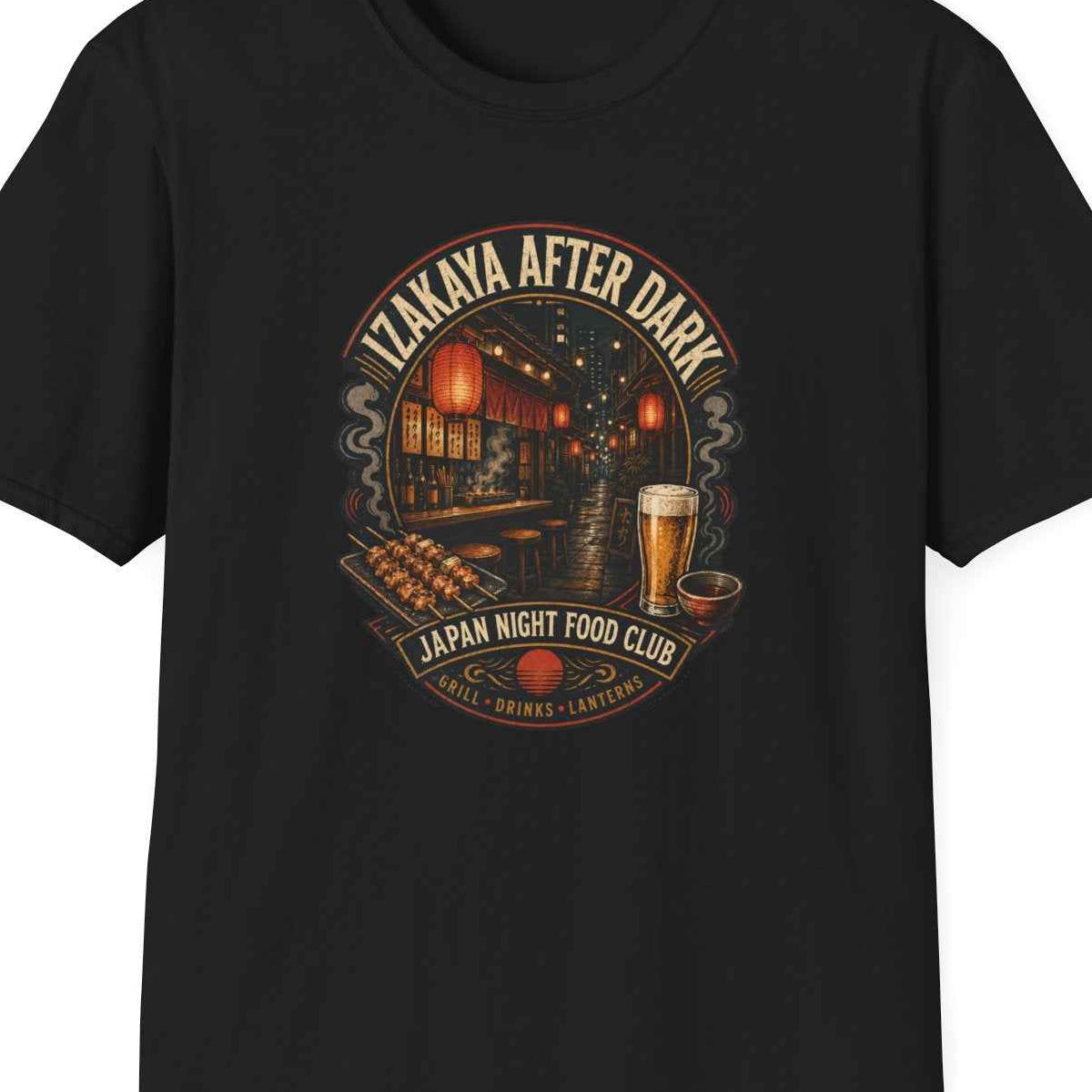 Izakaya After Dark T-Shirt gefaltet Japan Night Food Club Streetwear Design – Design Nahaufnahme