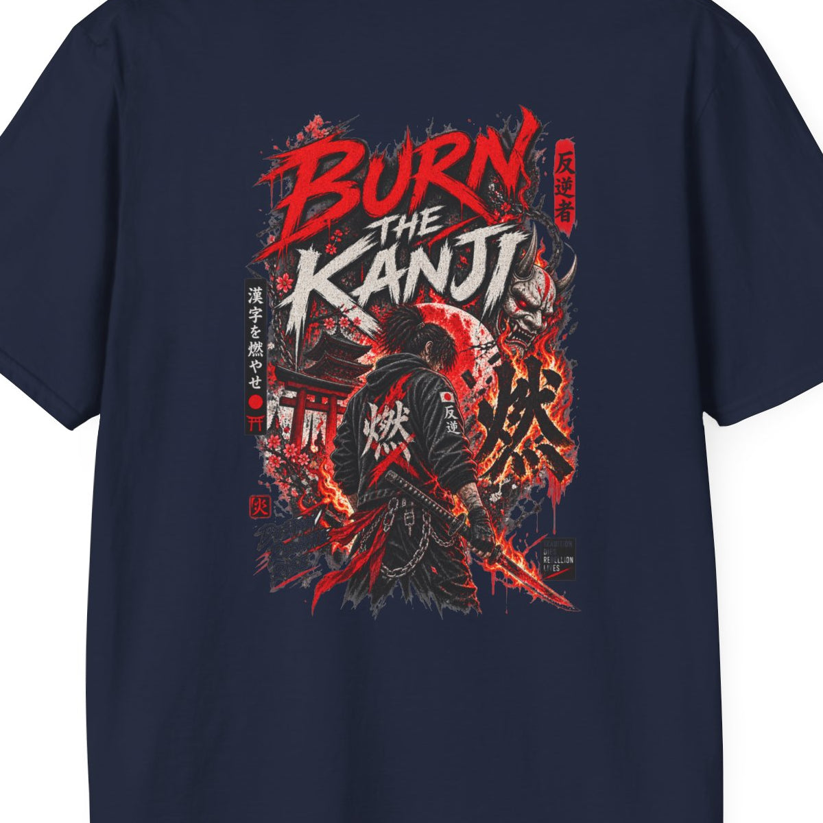 Navy Burn The Kanji T-Shirt – Design Nahaufnahme