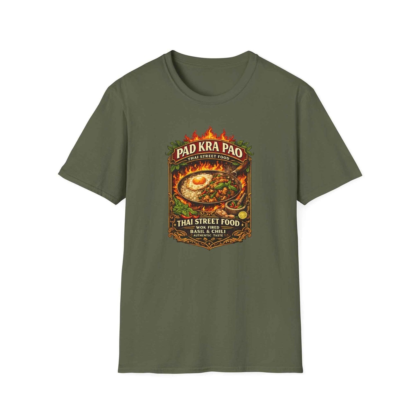 Pad Kra Pao T-Shirt Military Green Thai Street Food Graphic Tee Unisex