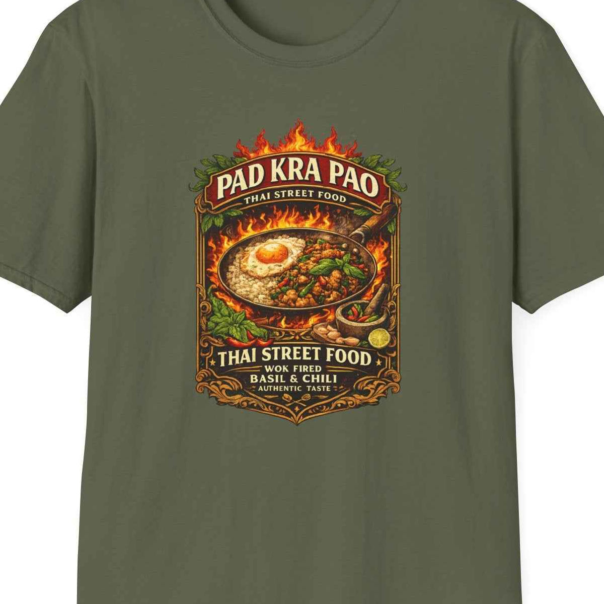 Pad Kra Pao T-Shirt Military Green Thai Street Food Graphic Tee Unisex – Design Nahaufnahme