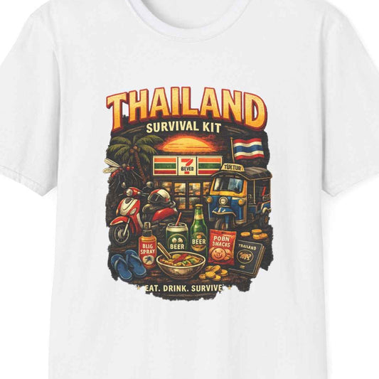 Thailand Survival Kit T-Shirt weiß Funny Travel Souvenir Eat Drink Survive Streetwear – Design Nahaufnahme