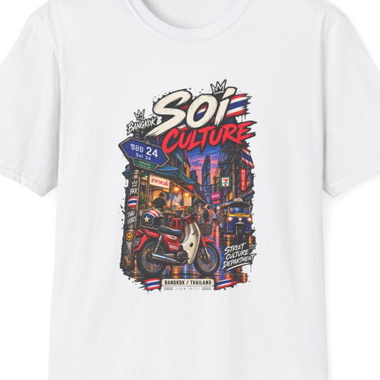 Bangkok Soi Culture T-Shirt Weiss — Thai Streetwear Vorderansicht – Design Nahaufnahme