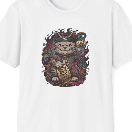 Gangster Cat T-Shirt – Japanese Streetwear Maneki Neko Herren Damen – Design Nahaufnahme