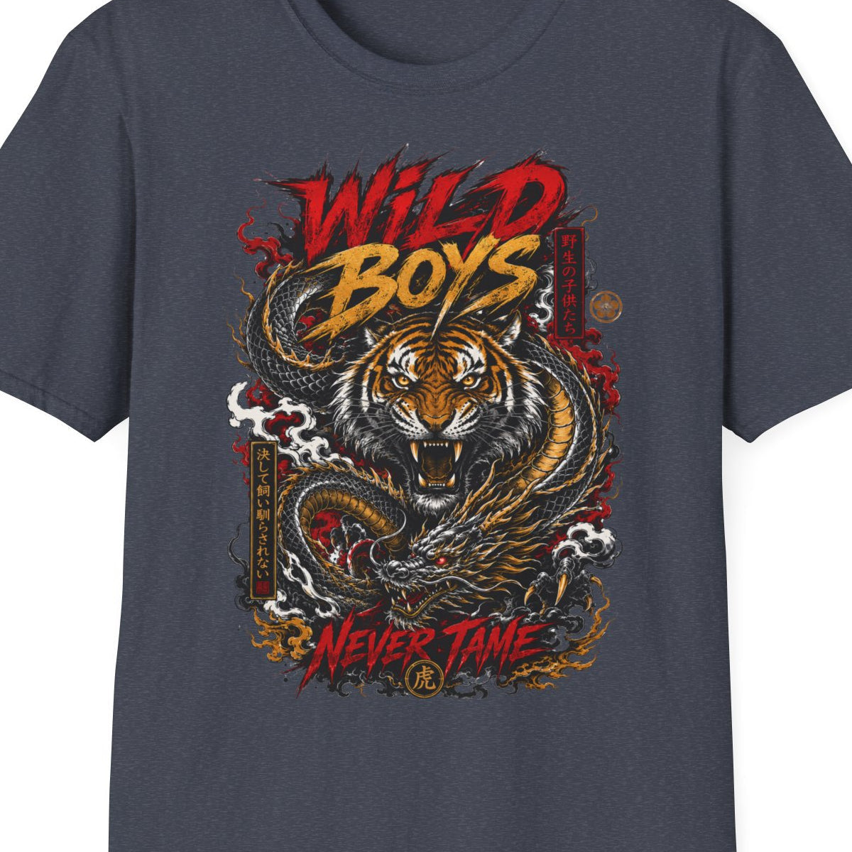 Wild Boys Never Tame T-Shirt anthrazit Tiger Dragon Design Nahaufnahme Japanese Streetwear